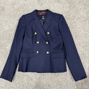 J Crew Navy Blue 100% Wool Double Breasted Blazer Gold Button Preppy Women US 4